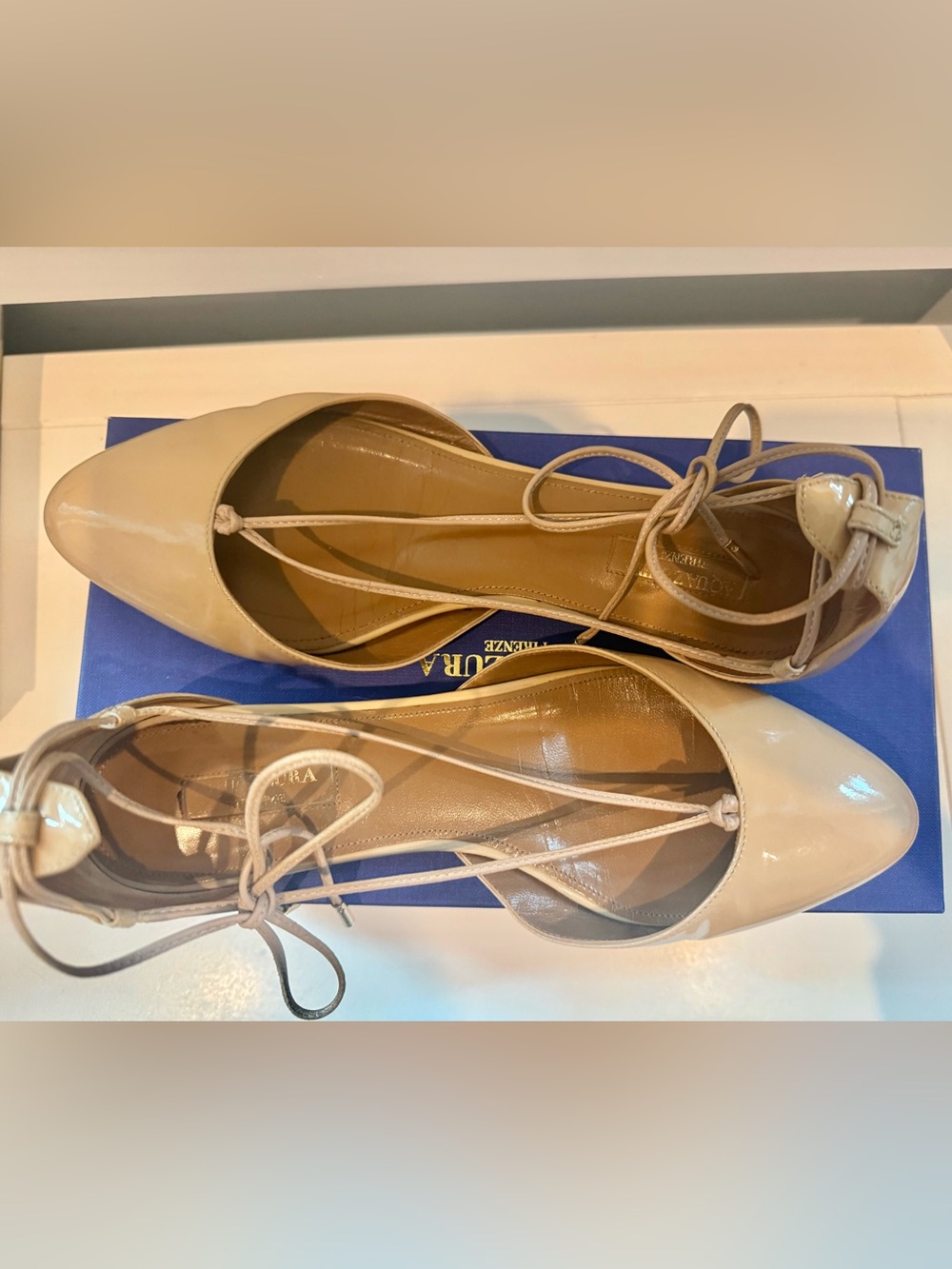 Aquazzura Beige Patent Leather Lace-Up Ballet Flats